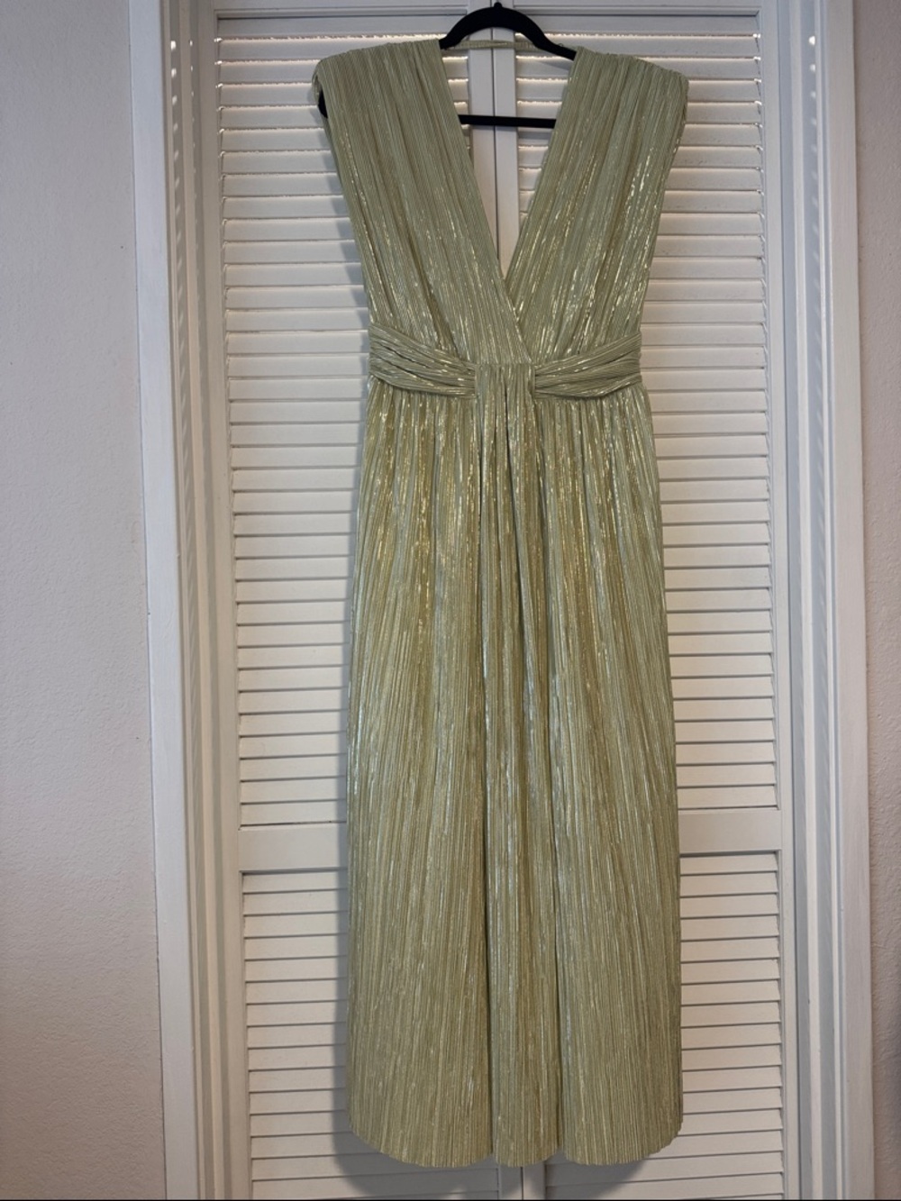 Sabina Musayev Metallic Sage Green Plunging V-Neck Maxi Dress